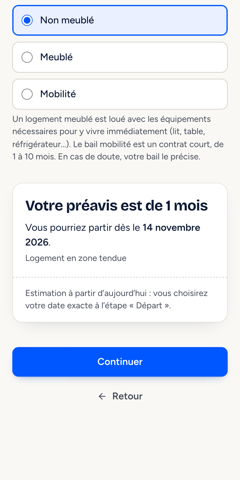 Écran de l'application : « Votre préavis est de 1 mois », départ possible dès le 14 novembre 2026, logement en zone tendue.
