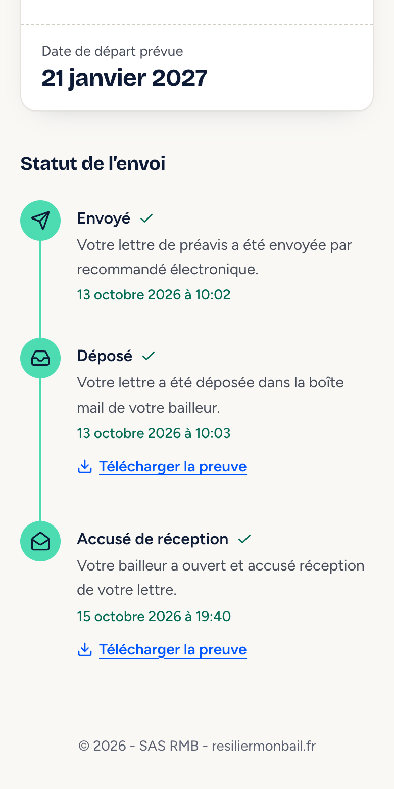 Page de suivi : envoyé, déposé, accusé de réception, chaque étape datée avec sa preuve à télécharger.